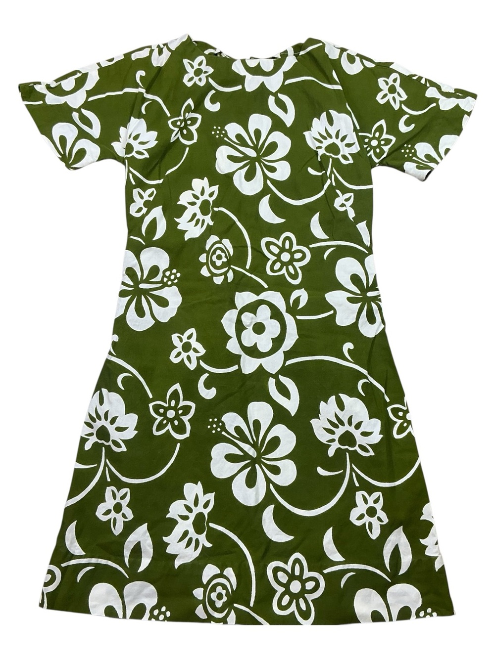 Vintage 1960s/70s Hawaiian Muu Muu green and white floral cotton dress USA SZ S